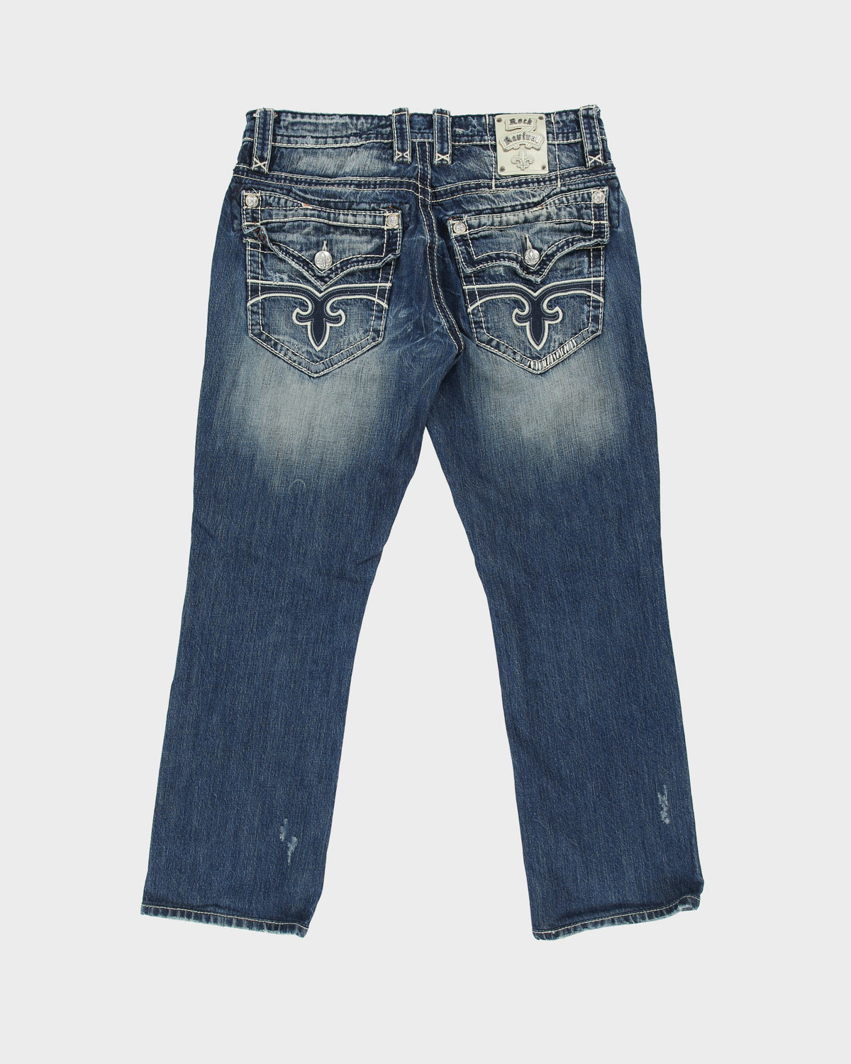 Vintage Y2K Rock Revival 'Ethan' Low Rise Distressed Contrast Stitch Denim Embroidered Flap Pocket Straight Leg Jeans - W34 L30