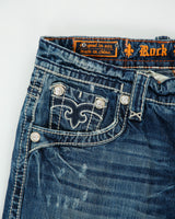 Vintage Y2K Rock Revival 'Ethan' Low Rise Distressed Contrast Stitch Denim Embroidered Flap Pocket Straight Leg Jeans - W34 L30