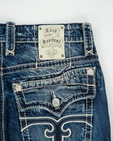 Vintage Y2K Rock Revival 'Ethan' Low Rise Distressed Contrast Stitch Denim Embroidered Flap Pocket Straight Leg Jeans - W34 L30