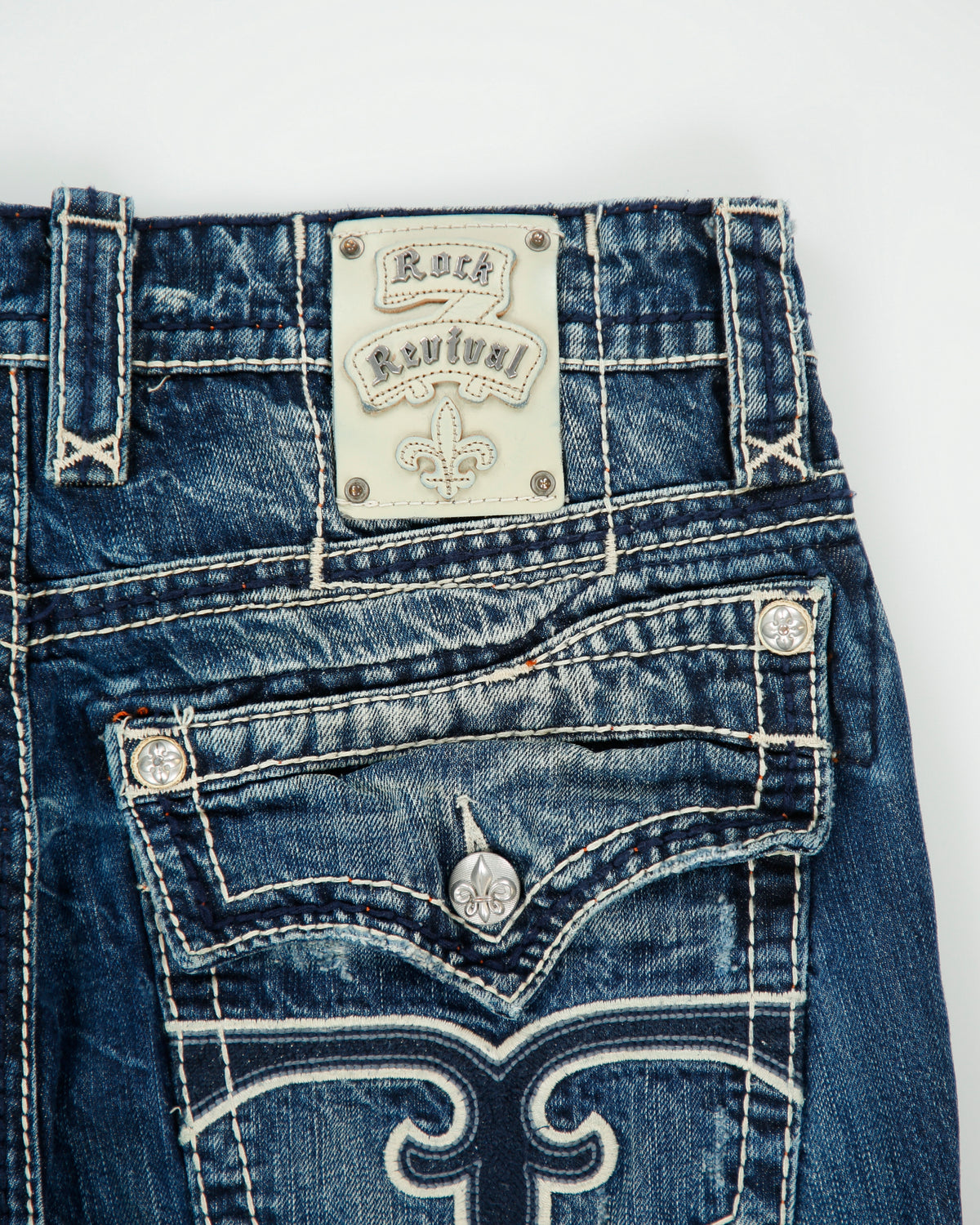 Vintage Y2K Rock Revival 'Ethan' Low Rise Distressed Contrast Stitch Denim Embroidered Flap Pocket Straight Leg Jeans - W34 L30