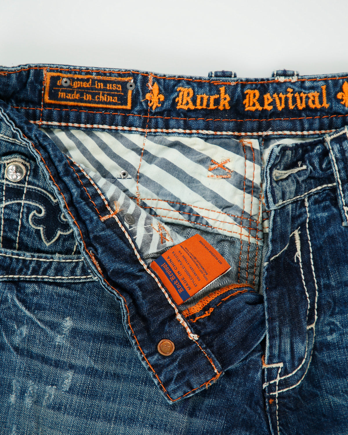 Vintage Y2K Rock Revival 'Ethan' Low Rise Distressed Contrast Stitch Denim Embroidered Flap Pocket Straight Leg Jeans - W34 L30