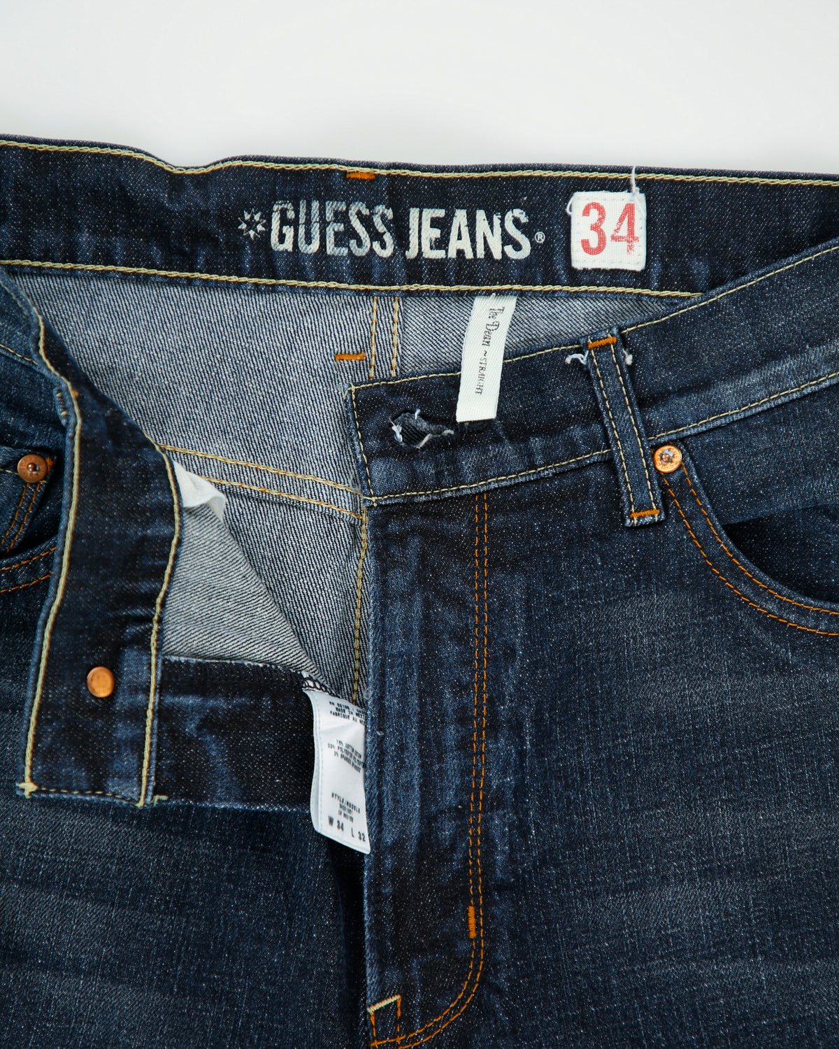 Vintage Y2K 00s Guess 'The Dean' Mid Rise Indigo Denim Relaxed Straight Leg Jeans - W34 L32