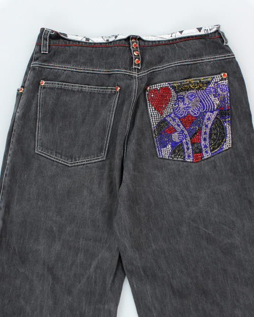 Vintage Y2K Rhinestone King of Hearts Baggy Denim Jeans - W36 L31