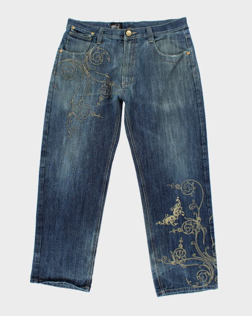 Vintage Y2K DELF Embroidered Wide Leg Dark Wash Jeans - W36 L30