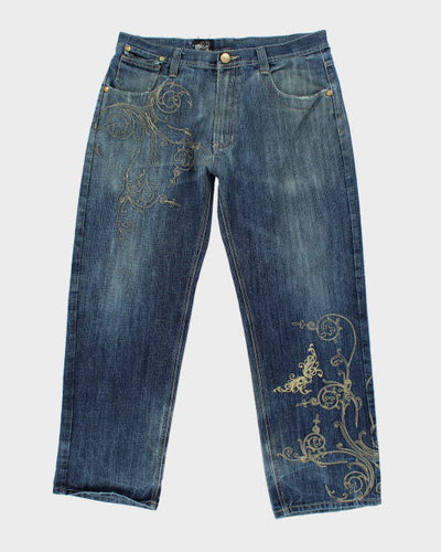 Vintage Y2K DELF Embroidered Wide Leg Dark Wash Jeans - W36 L30