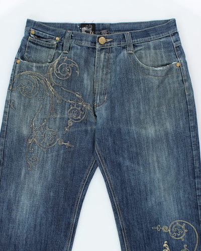 Vintage Y2K DELF Embroidered Wide Leg Dark Wash Jeans - W36 L30