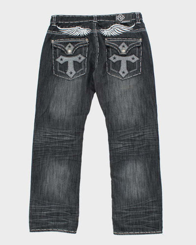 Vintage Y2K Gothic Embroidered Relaxed Fit Jeans - W34 L30