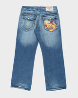 Vintage Y2K True Religion Embroidered Medium Wash Wide Leg Jeans - W35 L32