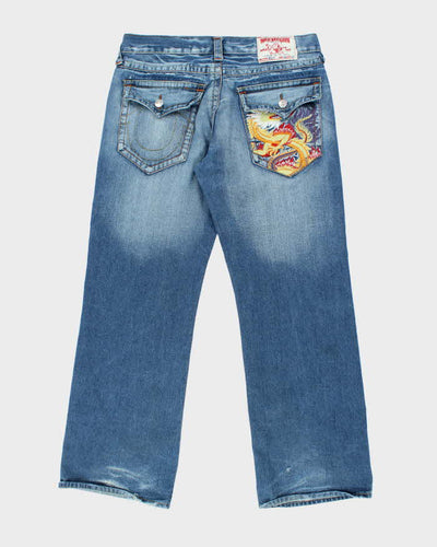 Vintage Y2K True Religion Embroidered Medium Wash Wide Leg Jeans - W35 L32