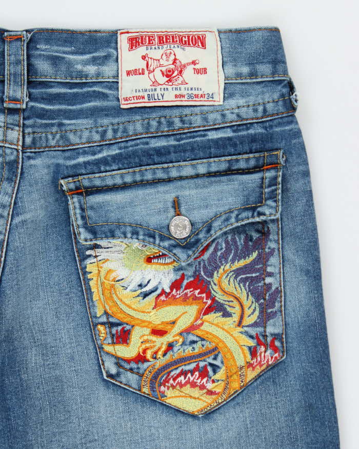 Vintage Y2K True Religion Embroidered Medium Wash Wide Leg Jeans - W35 L32