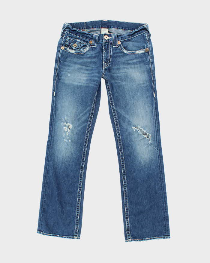 Vintage Y2K True Religion Medium Wash Distressed Straight Jeans - W34 L32