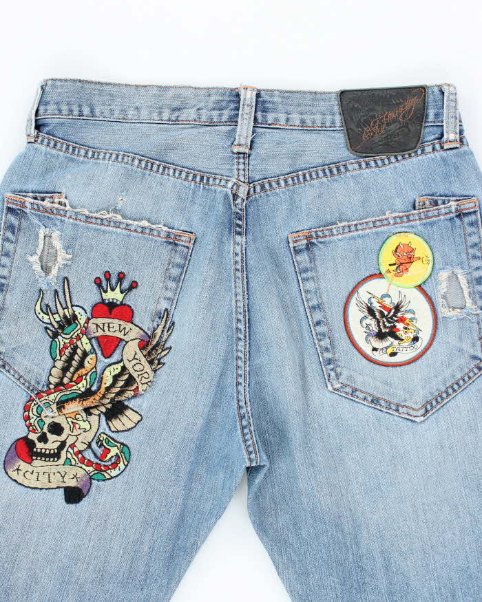 Vintage Y2k 00s Ed Hardy Patchwork Distressed Jeans - W34 L34