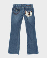 Vintage Y2K Crusader Medium Wash Cow Print Pocket Flared Jeans - W36 L31