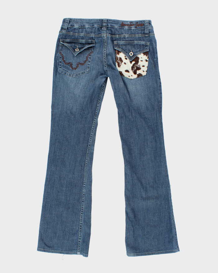 Vintage Y2K Crusader Medium Wash Cow Print Pocket Flared Jeans - W36 L31