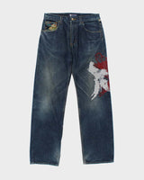 Vintage Y2K 00s Karakuri Tamashi Sukajan Embroidered Japanese Indigo Denim Straight Leg Jeans - W32 L32