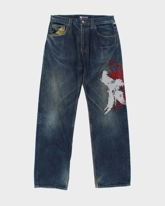 Vintage Y2K 00s Karakuri Tamashi Sukajan Embroidered Japanese Indigo Denim Straight Leg Jeans - W32 L32