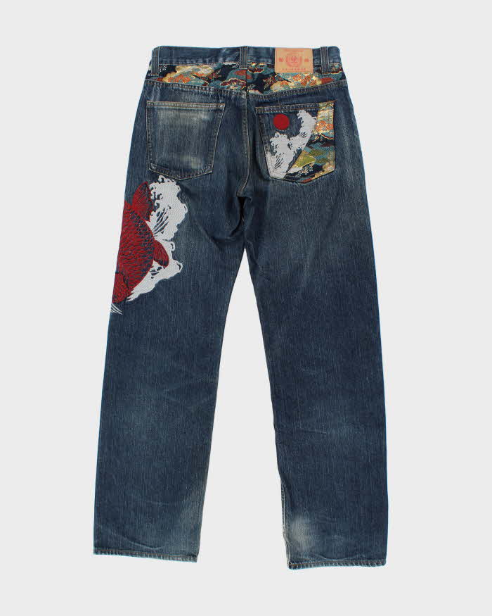 Vintage Y2K 00s Karakuri Tamashi Sukajan Embroidered Japanese Indigo Denim Straight Leg Jeans - W32 L32