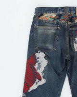 Vintage Y2K 00s Karakuri Tamashi Sukajan Embroidered Japanese Indigo Denim Straight Leg Jeans - W32 L32