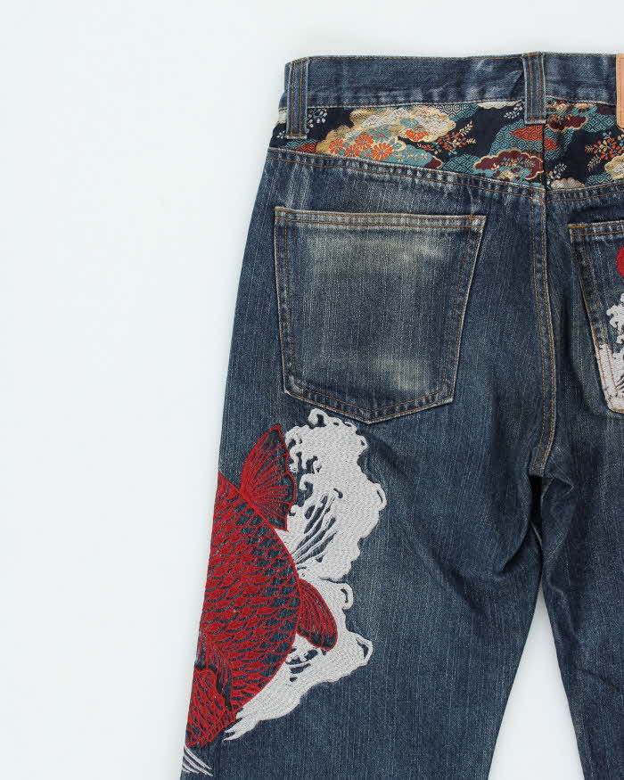 Vintage Y2K 00s Karakuri Tamashi Sukajan Embroidered Japanese Indigo Denim Straight Leg Jeans - W32 L32
