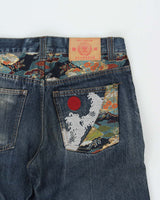 Vintage Y2K 00s Karakuri Tamashi Sukajan Embroidered Japanese Indigo Denim Straight Leg Jeans - W32 L32