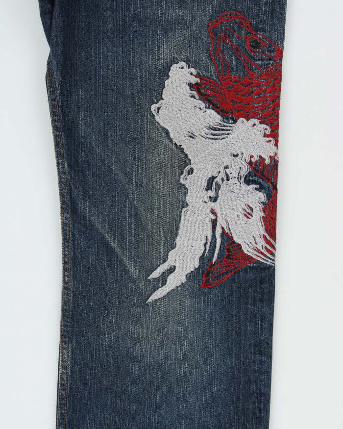 Vintage Y2K 00s Karakuri Tamashi Sukajan Embroidered Japanese Indigo Denim Straight Leg Jeans - W32 L32