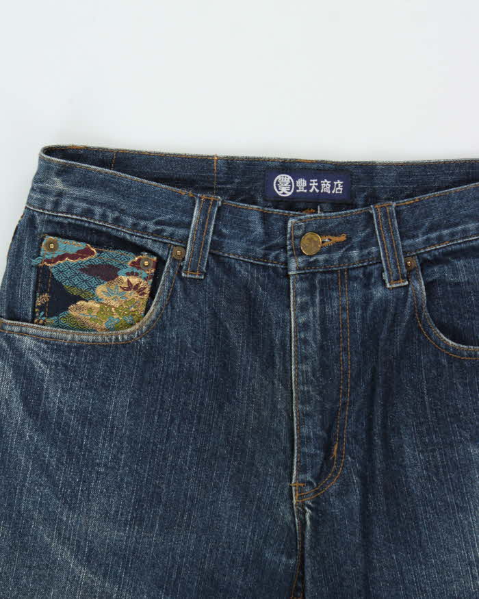 Vintage Y2K 00s Karakuri Tamashi Sukajan Embroidered Japanese Indigo Denim Straight Leg Jeans - W32 L32