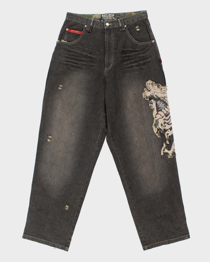 Deadstock With Tags Vintage Y2K 00s Black Dragon Dog Town Embroidered Wide Leg Jeans - W32 L32