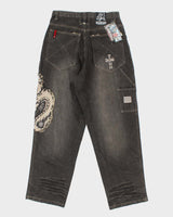 Deadstock With Tags Vintage Y2K 00s Black Dragon Dog Town Embroidered Wide Leg Jeans - W32 L32