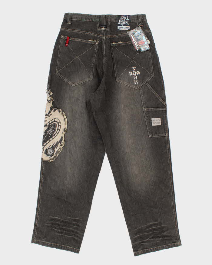 Deadstock With Tags Vintage Y2K 00s Black Dragon Dog Town Embroidered Wide Leg Jeans - W32 L32