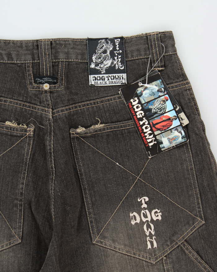 Deadstock With Tags Vintage Y2K 00s Black Dragon Dog Town Embroidered Wide Leg Jeans - W32 L32