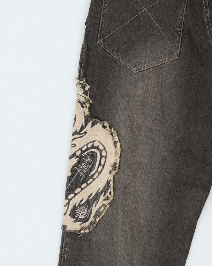 Deadstock With Tags Vintage Y2K 00s Black Dragon Dog Town Embroidered Wide Leg Jeans - W32 L32