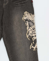 Deadstock With Tags Vintage Y2K 00s Black Dragon Dog Town Embroidered Wide Leg Jeans - W32 L32
