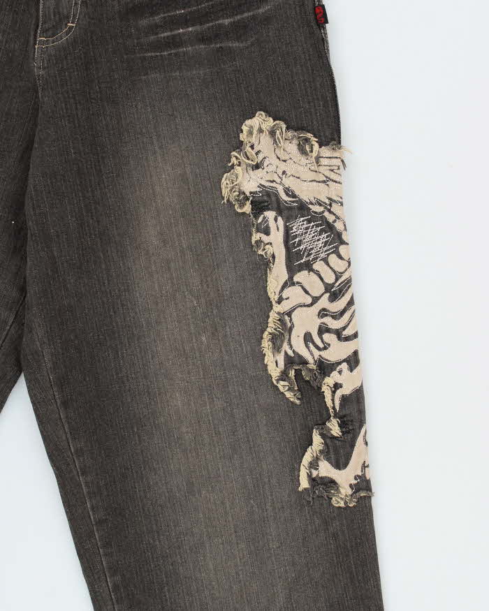 Deadstock With Tags Vintage Y2K 00s Black Dragon Dog Town Embroidered Wide Leg Jeans - W32 L32