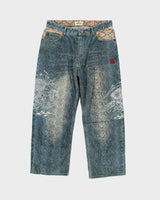 Vintage Y2K 00s Karakuri Tamashii Embroidered Python Denim Wide Leg Jeans - W36 L26