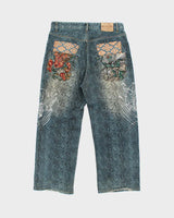 Vintage Y2K 00s Karakuri Tamashii Embroidered Python Denim Wide Leg Jeans - W36 L26