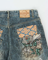 Vintage Y2K 00s Karakuri Tamashii Embroidered Python Denim Wide Leg Jeans - W36 L26