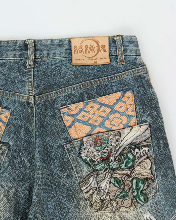 Vintage Y2K 00s Karakuri Tamashii Embroidered Python Denim Wide Leg Jeans - W36 L26