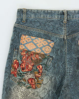 Vintage Y2K 00s Karakuri Tamashii Embroidered Python Denim Wide Leg Jeans - W36 L26