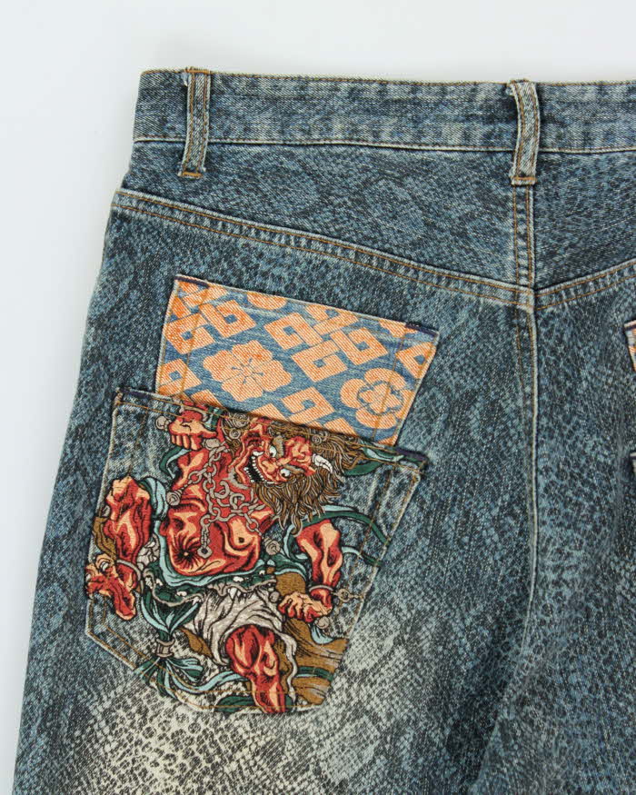Vintage Y2K 00s Karakuri Tamashii Embroidered Python Denim Wide Leg Jeans - W36 L26