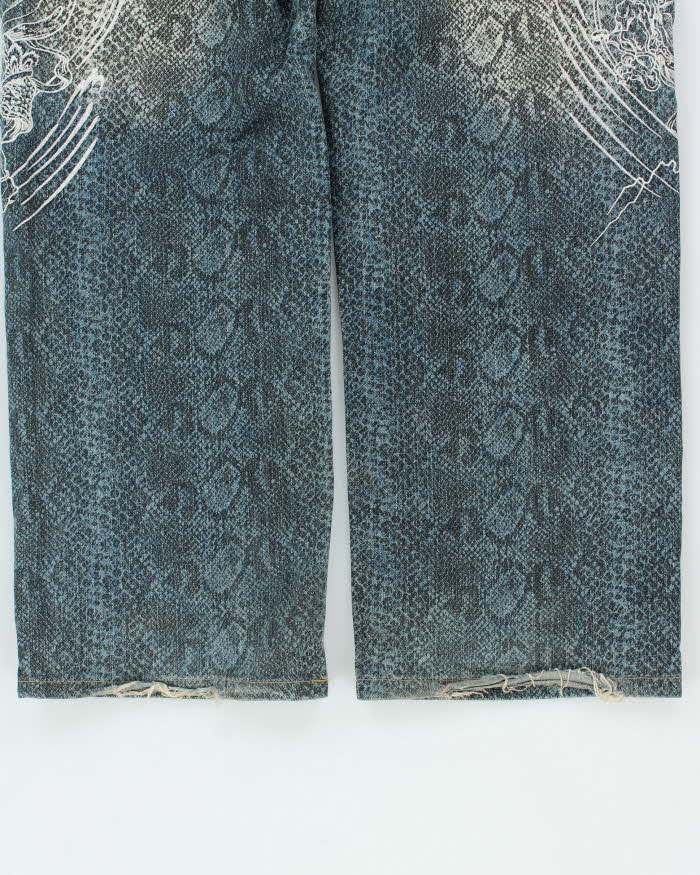 Vintage Y2K 00s Karakuri Tamashii Embroidered Python Denim Wide Leg Jeans - W36 L26