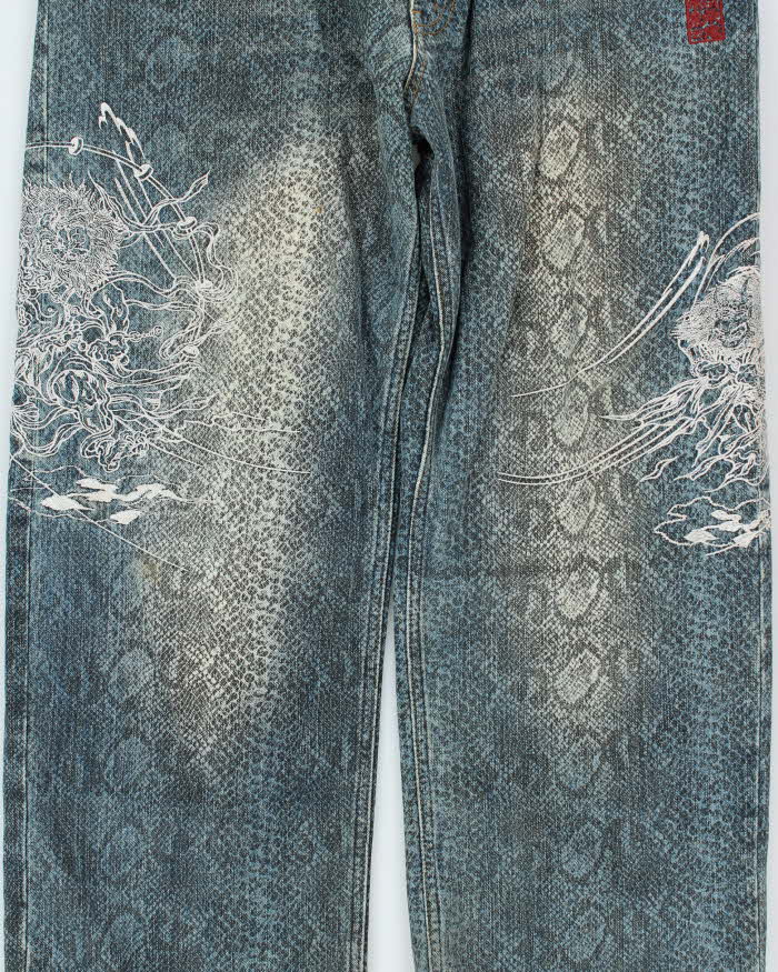 Vintage Y2K 00s Karakuri Tamashii Embroidered Python Denim Wide Leg Jeans - W36 L26