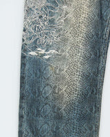 Vintage Y2K 00s Karakuri Tamashii Embroidered Python Denim Wide Leg Jeans - W36 L26