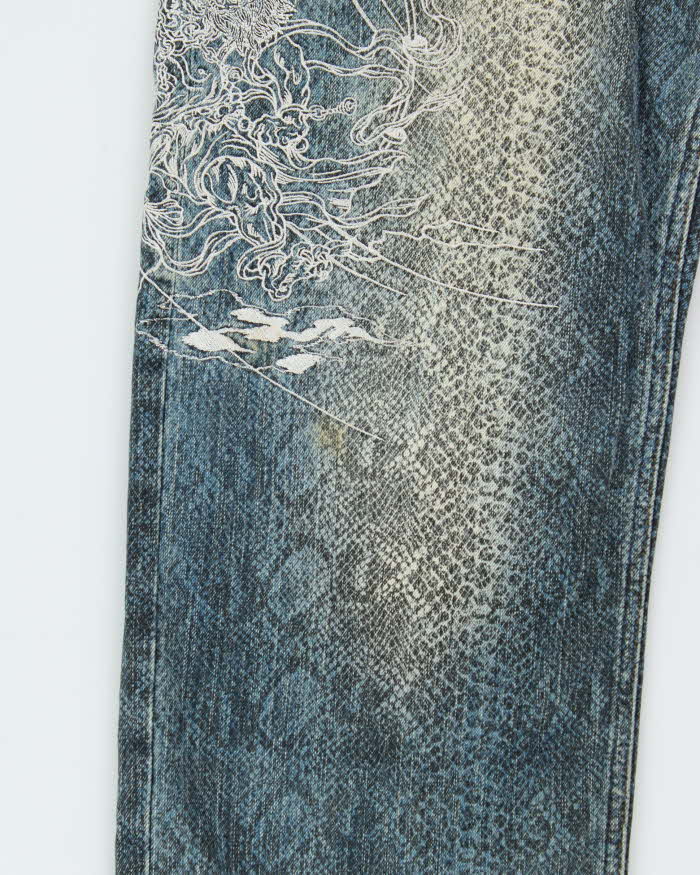 Vintage Y2K 00s Karakuri Tamashii Embroidered Python Denim Wide Leg Jeans - W36 L26