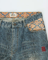 Vintage Y2K 00s Karakuri Tamashii Embroidered Python Denim Wide Leg Jeans - W36 L26