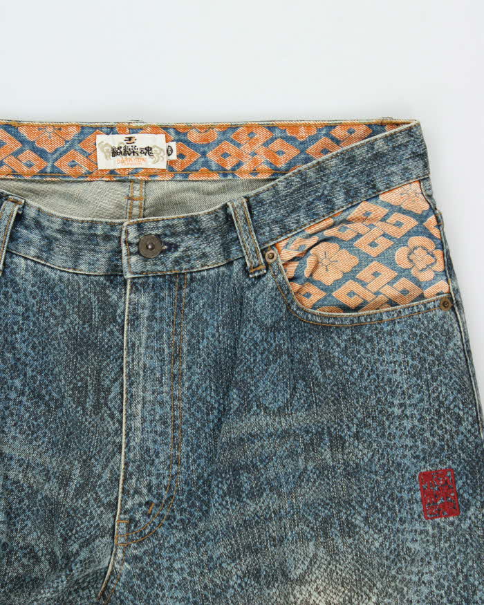 Vintage Y2K 00s Karakuri Tamashii Embroidered Python Denim Wide