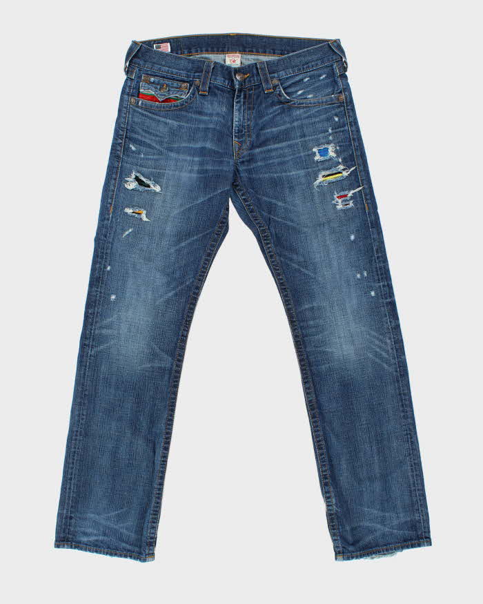 Vintage True Religion Ricky Flap Navajo Patch Distressed Straight Leg Jeans - W36 L34