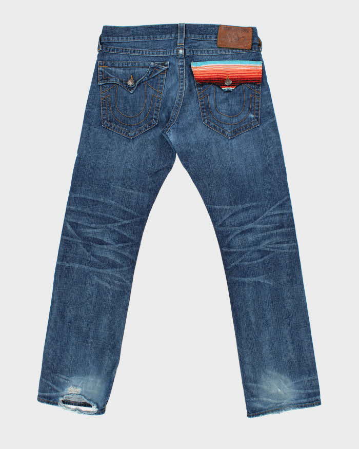 Vintage True Religion Ricky Flap Navajo Patch Distressed Straight Leg Jeans - W36 L34