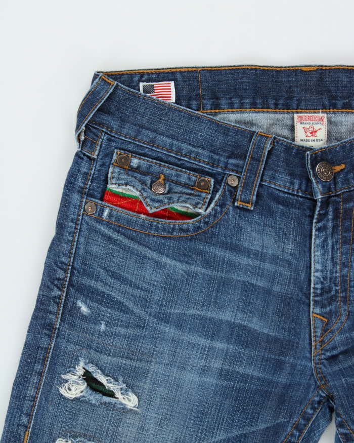 Vintage True Religion Ricky Flap Navajo Patch Distressed Straight Leg Jeans - W36 L34