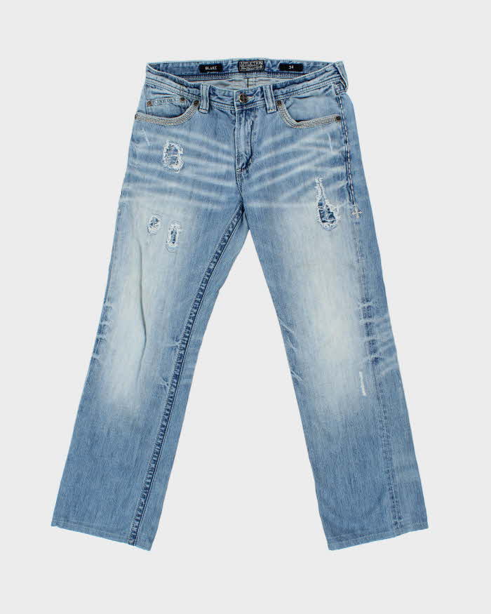 Vintage Y2K 00s Affliction Blake Embellished Distressed Mid Rise Relaxed Straight Leg Jeans - W34 L31