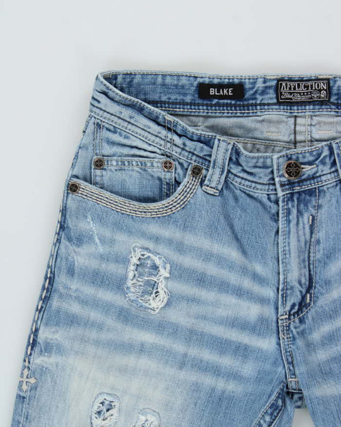 Vintage Y2K 00s Affliction Blake Embellished Distressed Mid Rise Relaxed Straight Leg Jeans - W34 L31